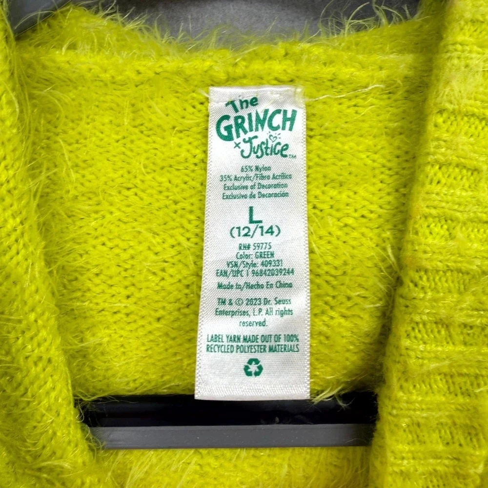 The Grinch Justice Hooded Sweater Girls Large Lime Green Graphic Logo Fuzzy Knit